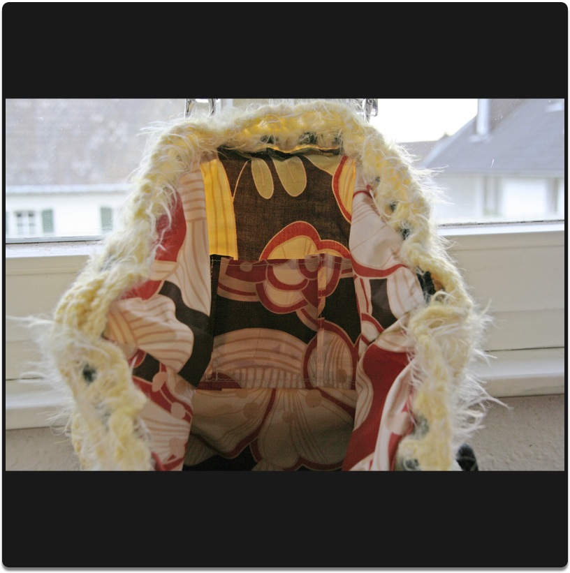 Gelbe Wolltasche gestrickt Innenfutter Wachstuch/ 2 Innentaschen